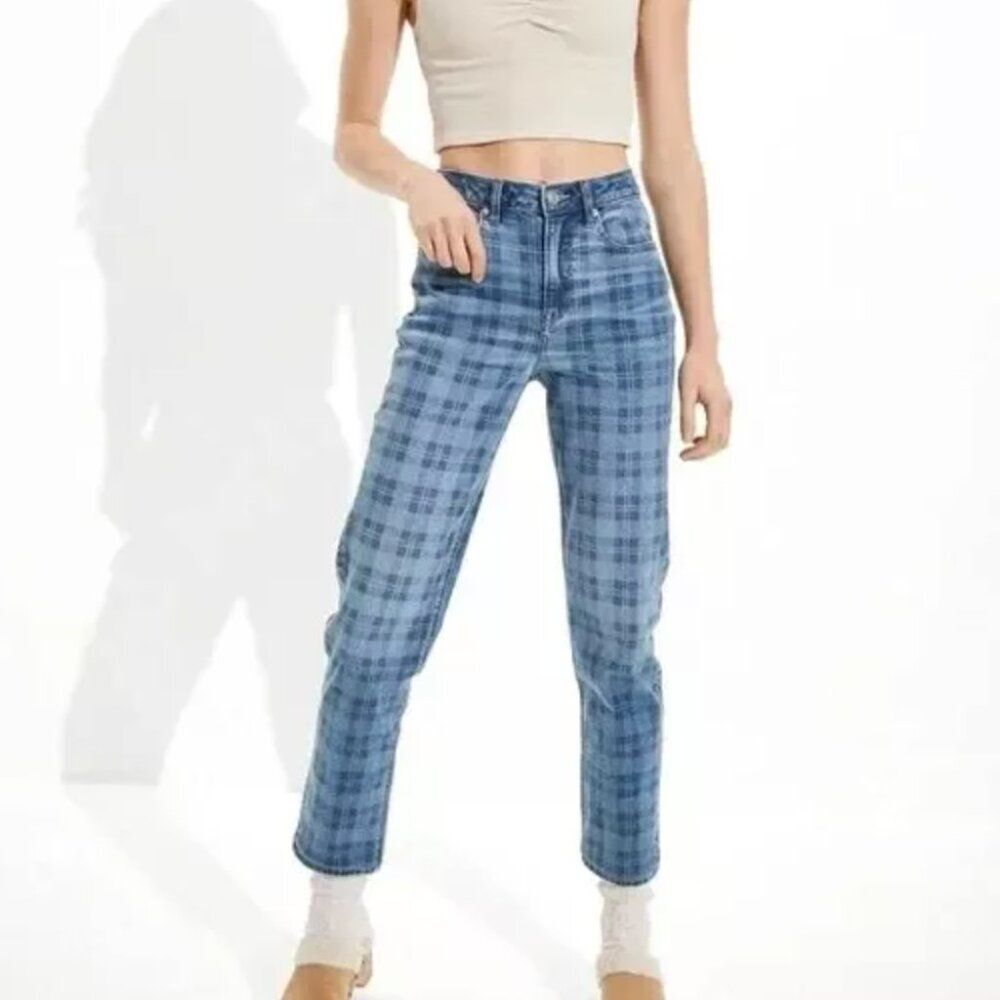 American Eagle AEO Stretch Mom Straight Jeans Plaid
